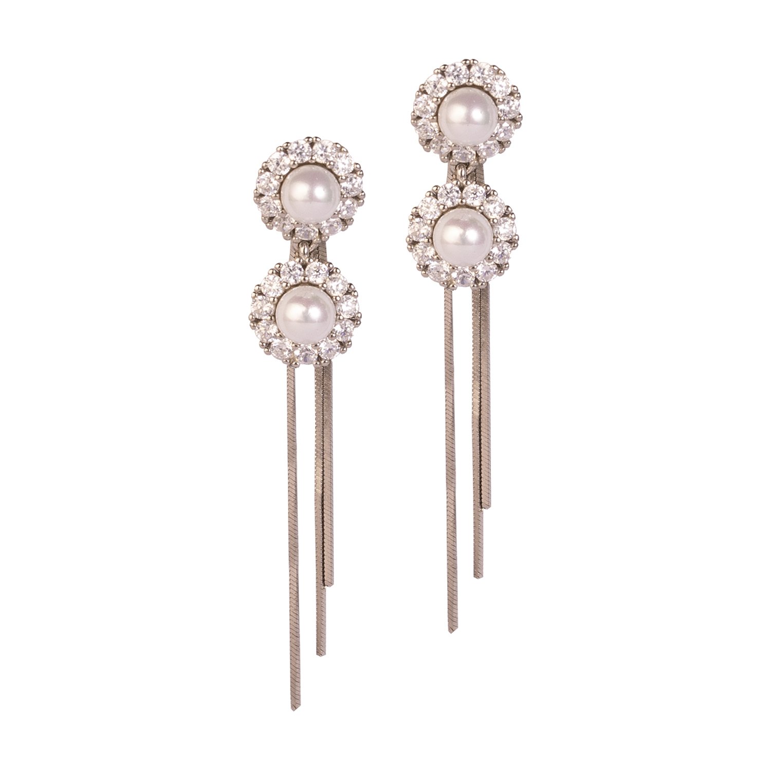 925 Two Pearl Diamond Dangler Silver 925 Sterling Silver Two pearl Dangle Drop Earrings for Women